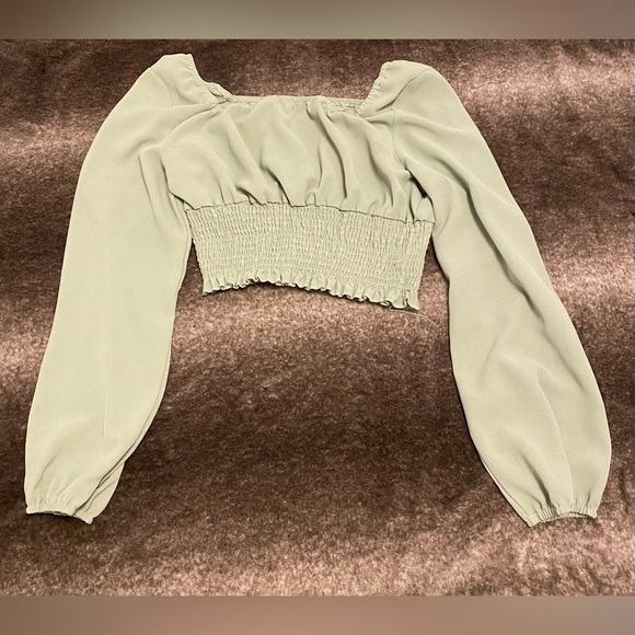 SHEIN Mulvari Solid Ruched Bust Scoop Neck Shirred Blouse Mint Green - Picture 1 of 1